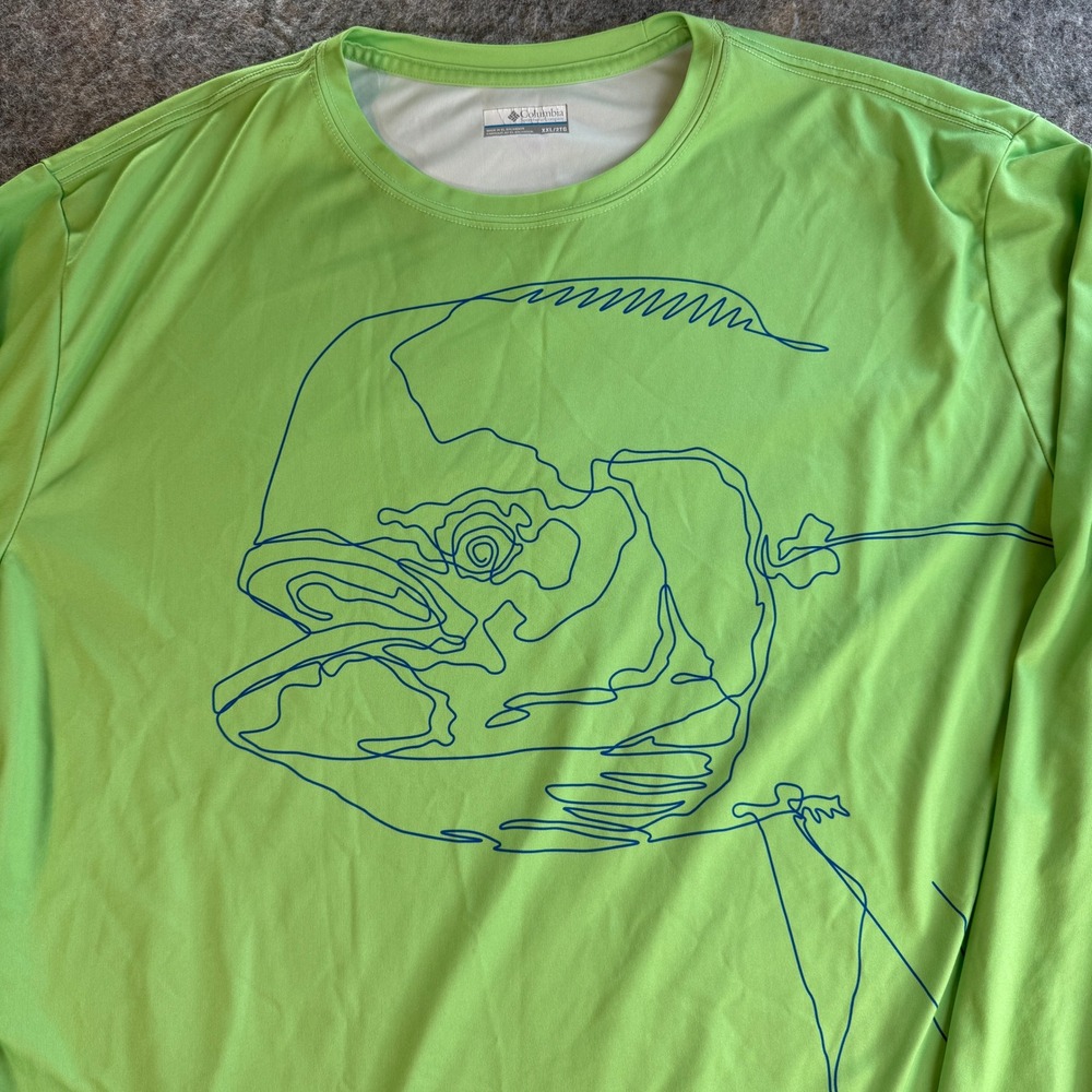 Columbia PFG Shirt Mens XXL Neon Green Long Sleeve Fish Graphic Performance Tee